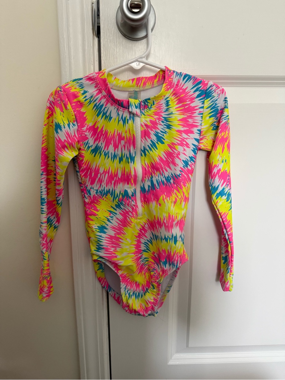 Kids Long-Sleeve One-Piece Swimsuit - Neon Tie-Dye Pink/Yellow/Blue